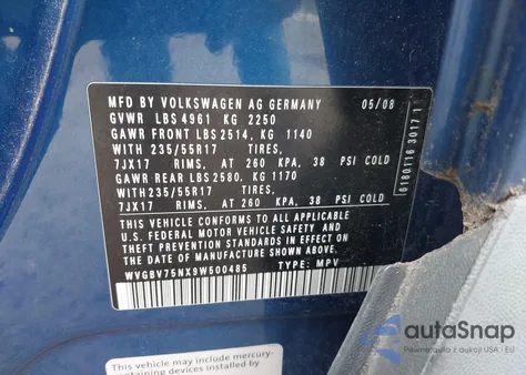 2009 Volkswagen Tiguan Se/Sel from USA, damaged, VIN WVGBV75NX9W500485